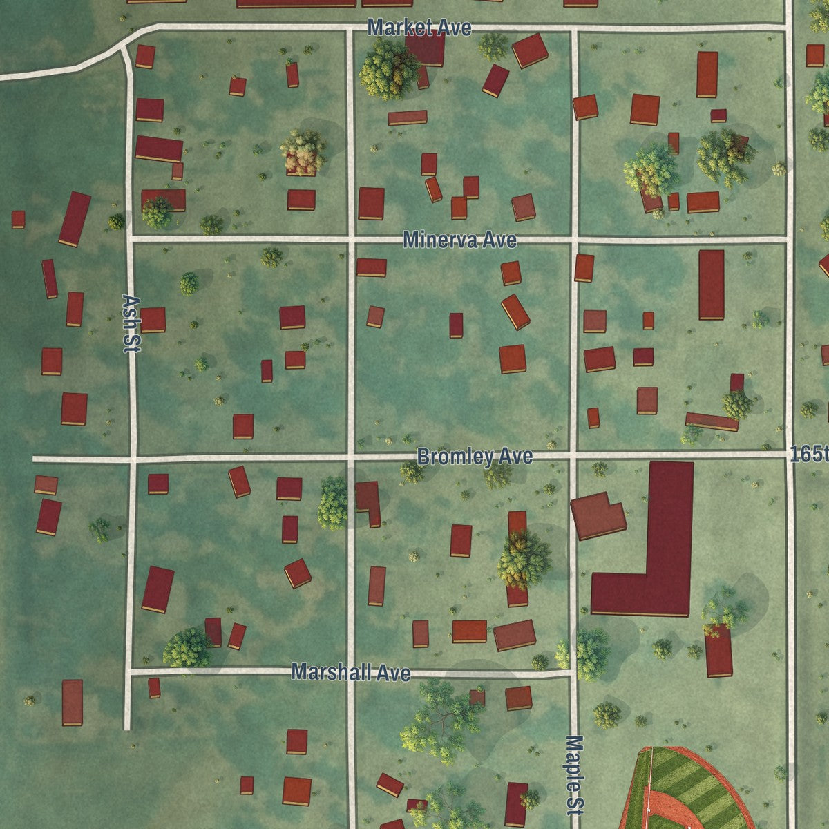 Close-up of the map of Clemons, Iowa print showing street and building detail