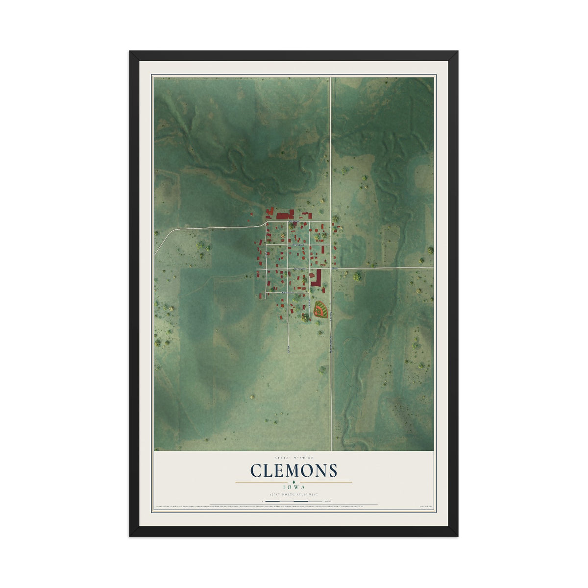 Map of Clemons, Iowa, 12 x 18 inch print in a black wood frame