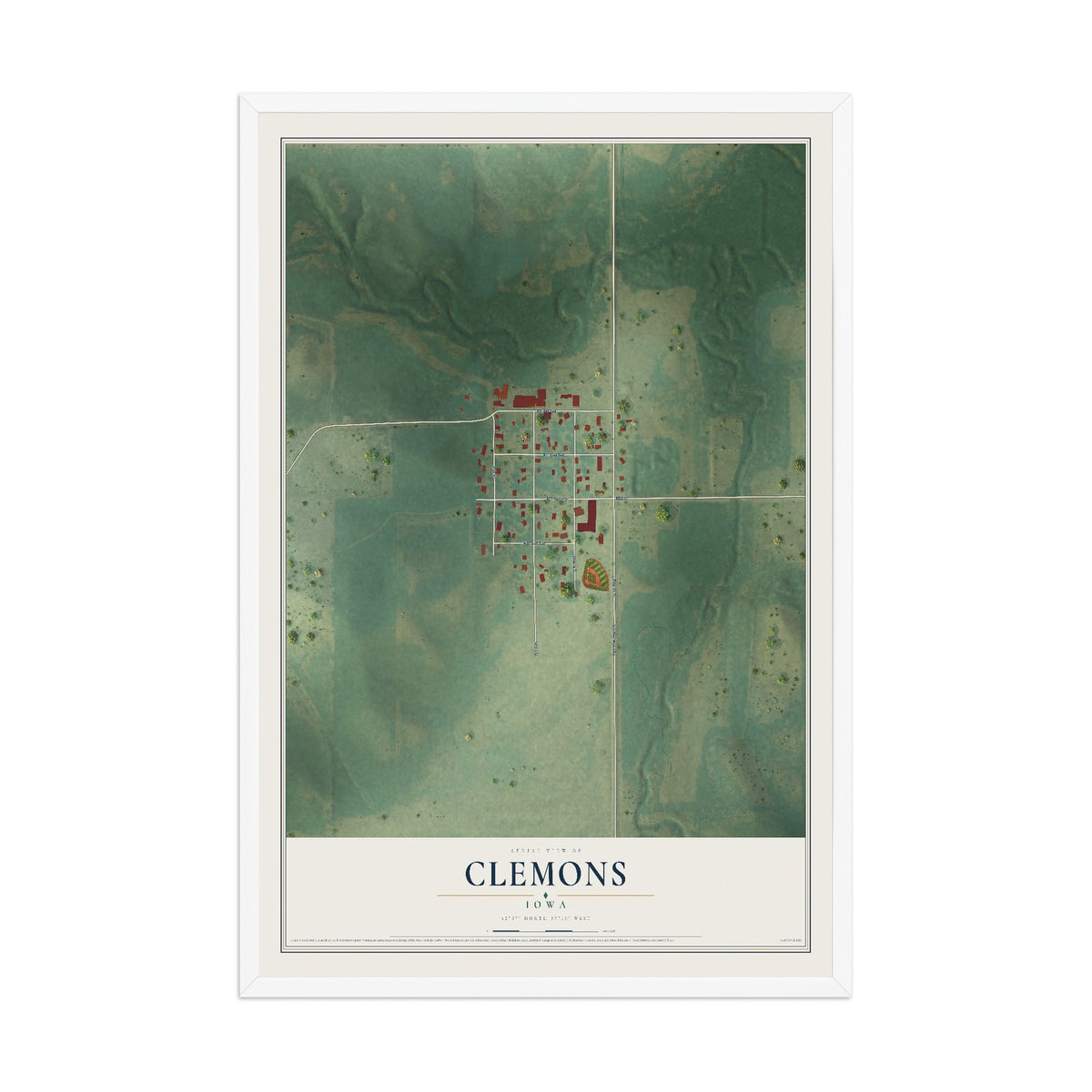 Map of Clemons, Iowa, 12 x 18 inch print in a white wood frame