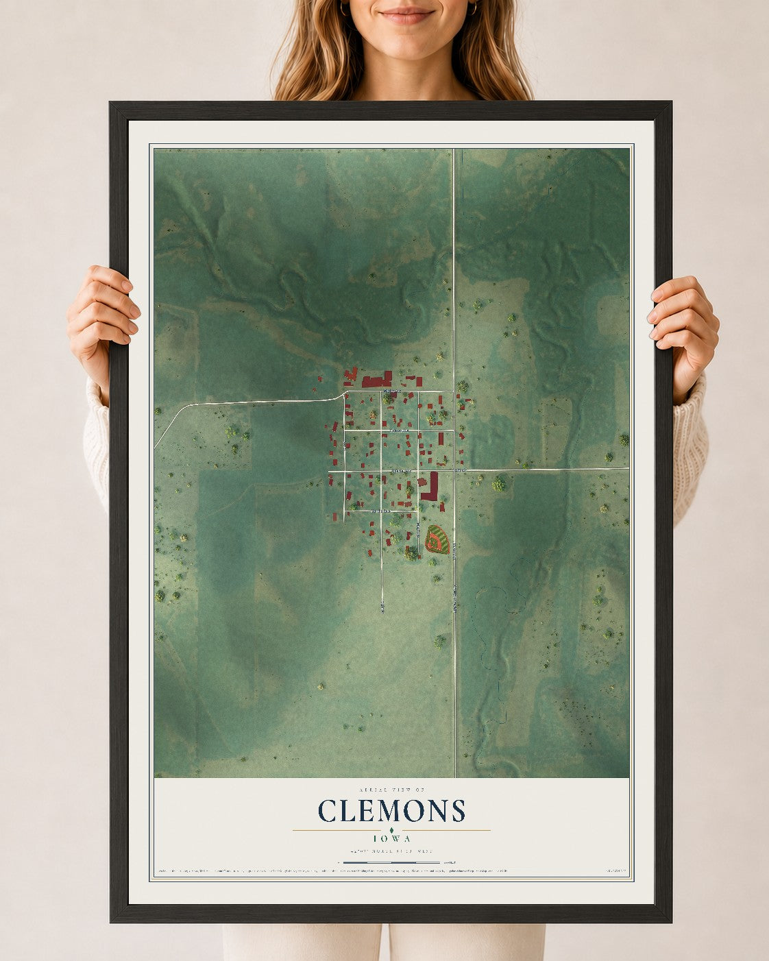 Map of Clemons, Iowa, 24 x 36 inch print in a black wood frame