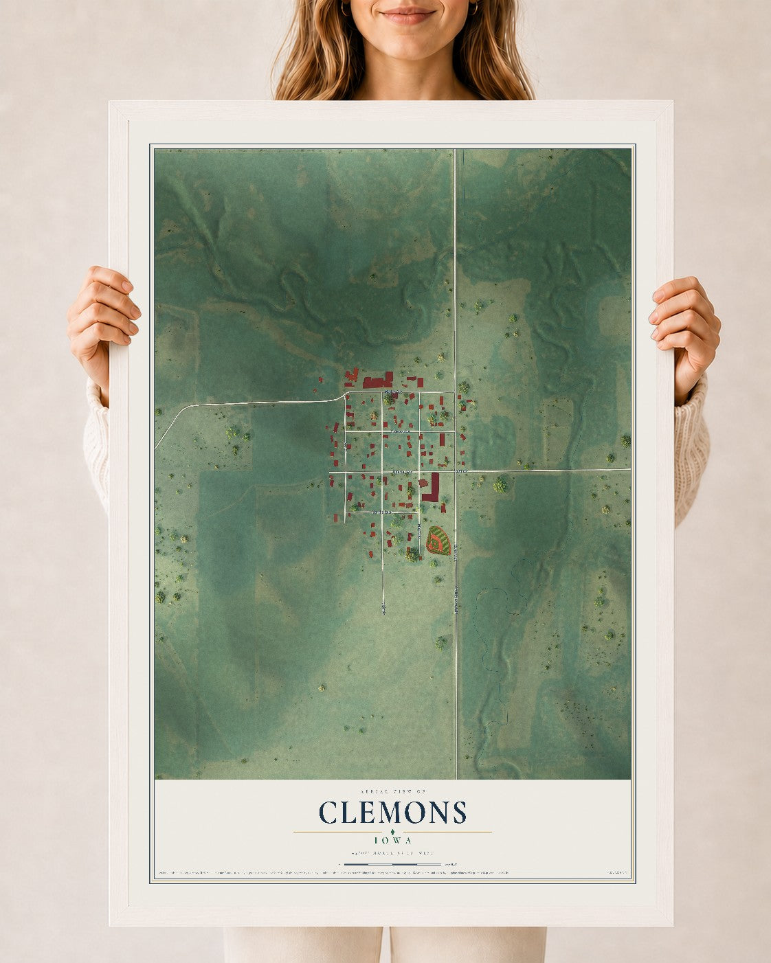 Map of Clemons, Iowa, 24 x 36 inch print in a white wood frame