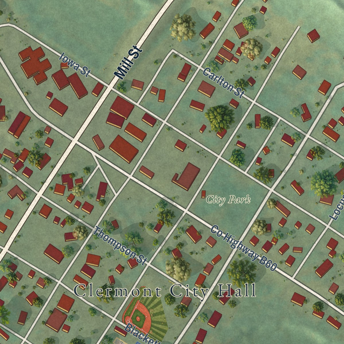 Close-up of the map of Clermont, Iowa print showing street and building detail