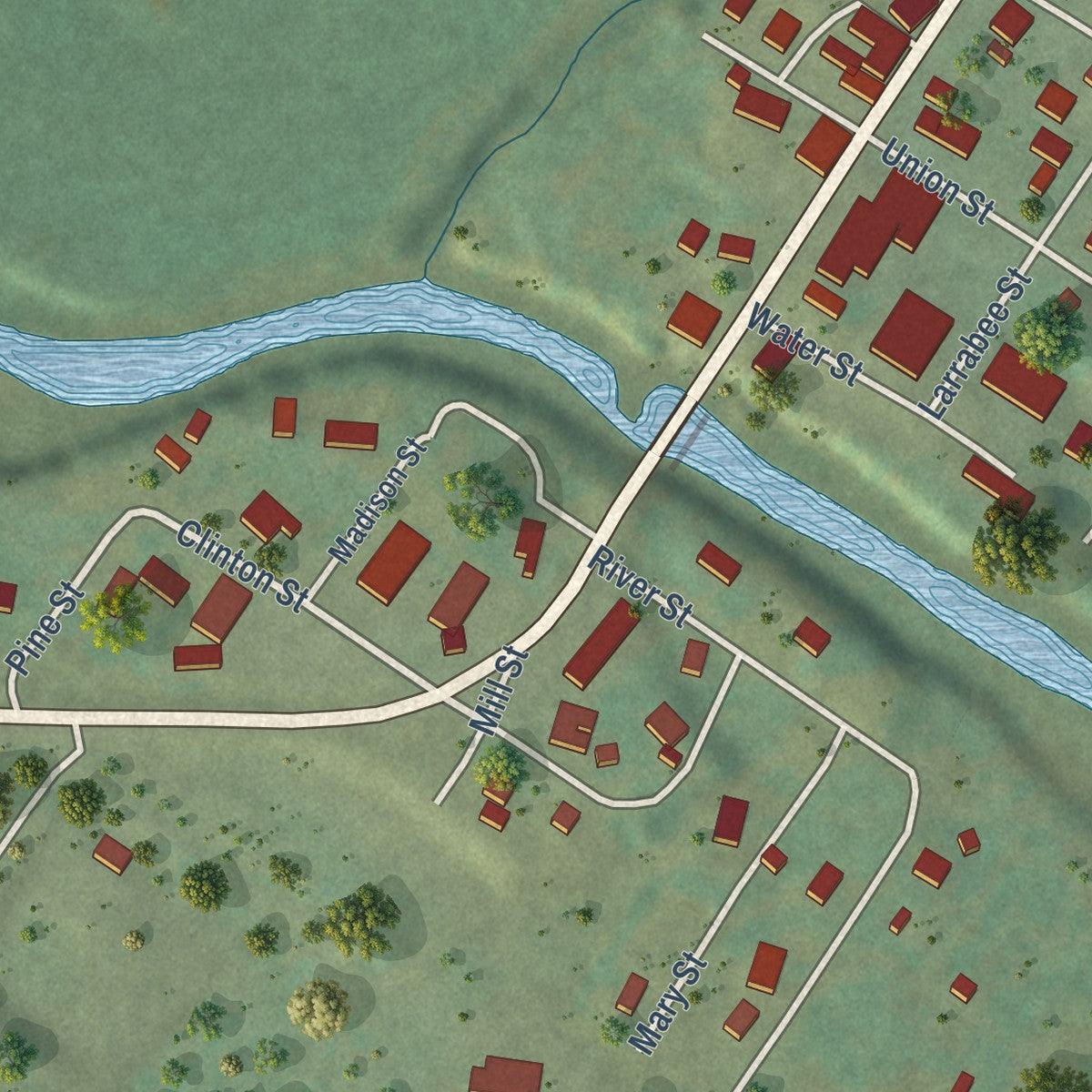 Second close-up of the map of Clermont, Iowa print showing more streets and buildings