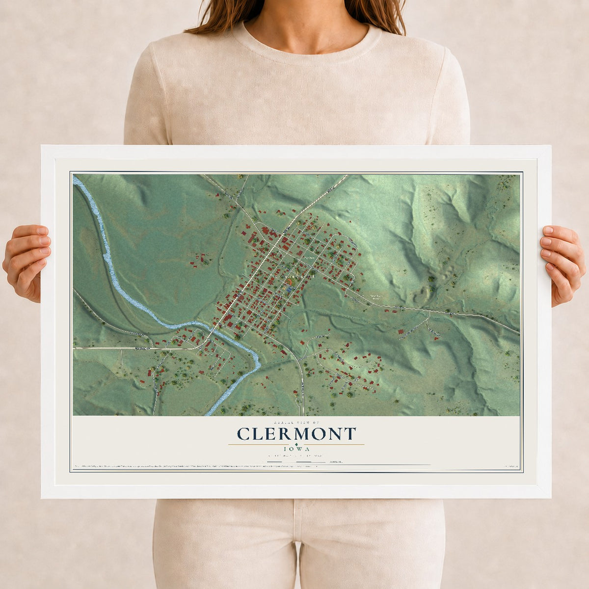 Map of Clermont, Iowa, 12 x 18 inch print in a white wood frame