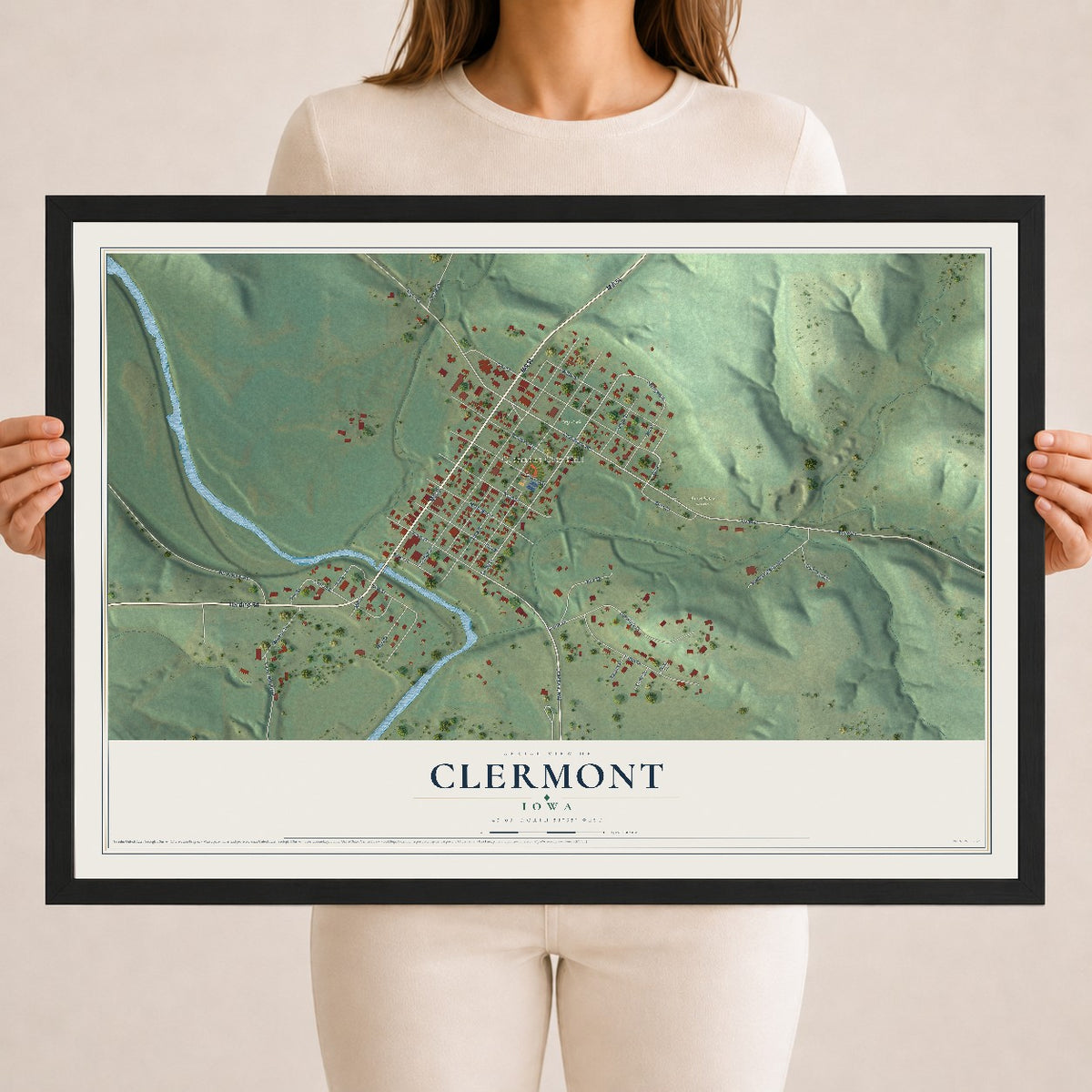 Map of Clermont, Iowa, 18 x 24 inch print in a black wood frame