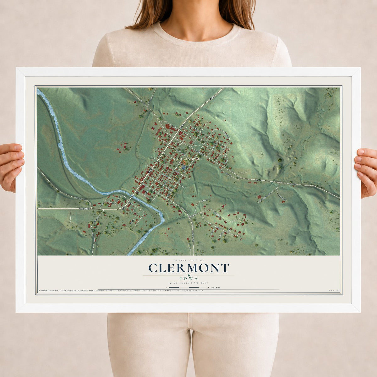 Map of Clermont, Iowa, 18 x 24 inch print in a white wood frame