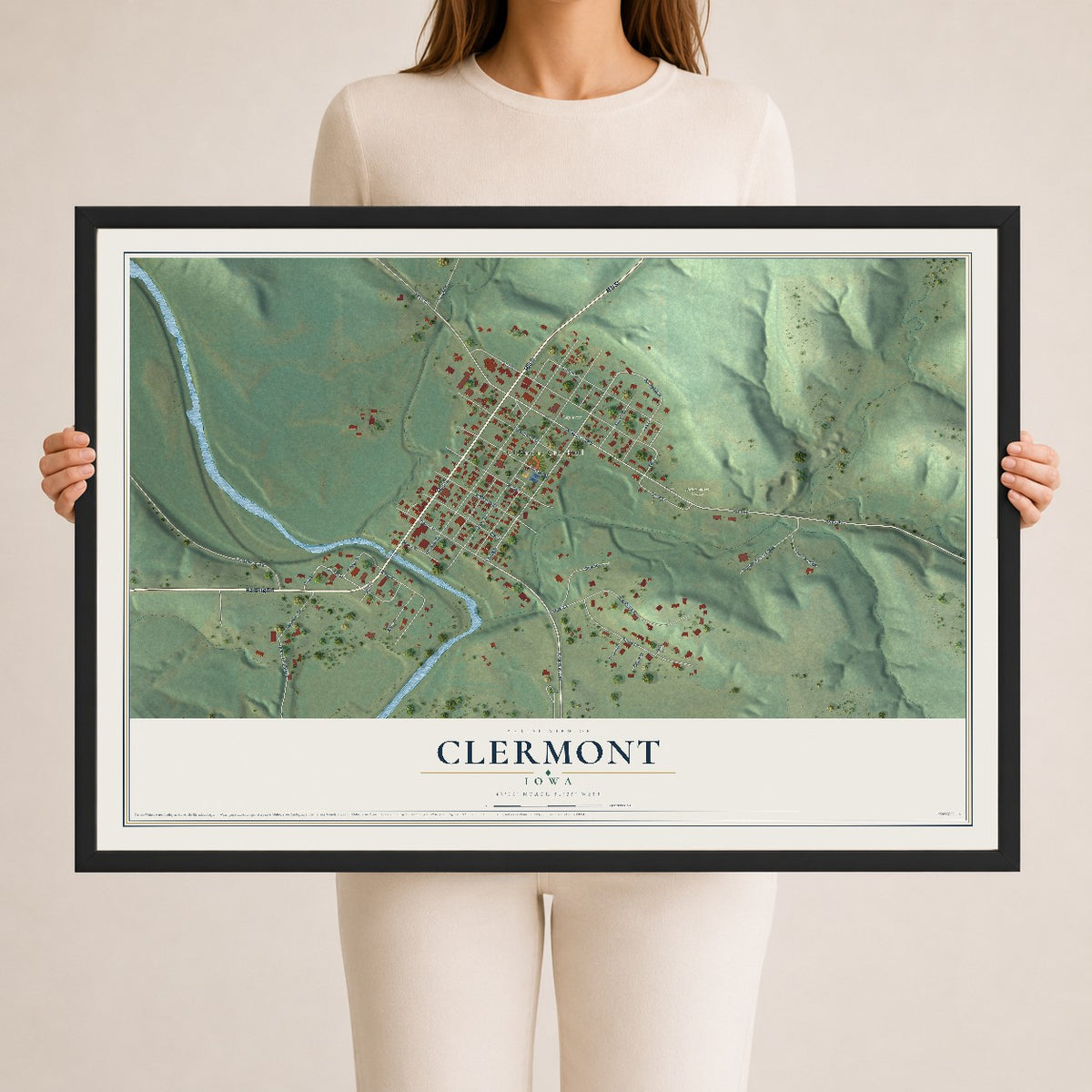 Map of Clermont, Iowa, 24 x 36 inch print in a black wood frame