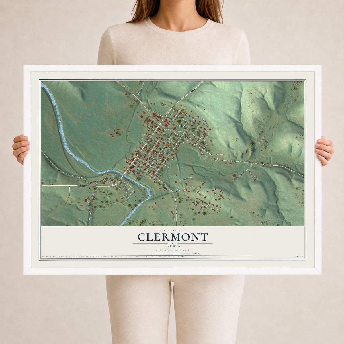 Map of Clermont, Iowa, 24 x 36 inch print in a white wood frame