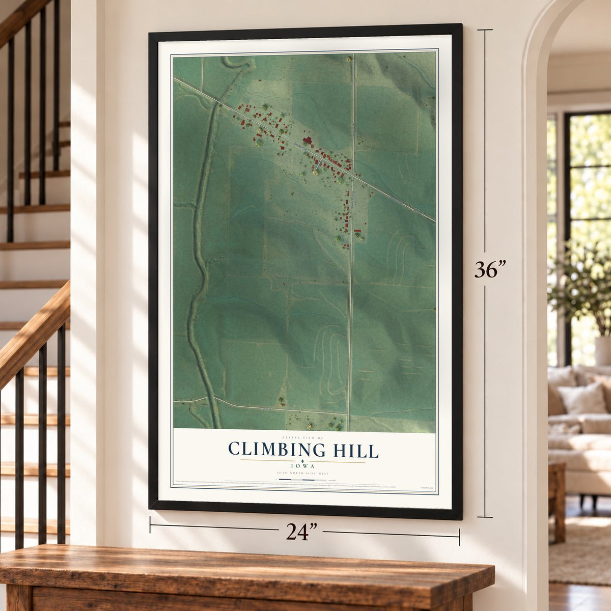 Climbing Hill, Iowa map, 24 x 36 inch print in a black frame by a staircase