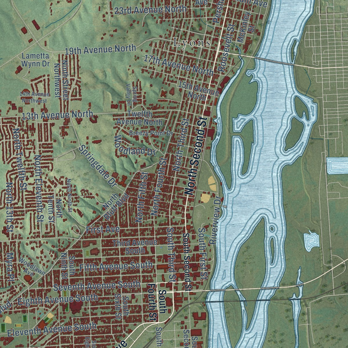 Close-up of the map of Clinton, Iowa print showing street and building detail