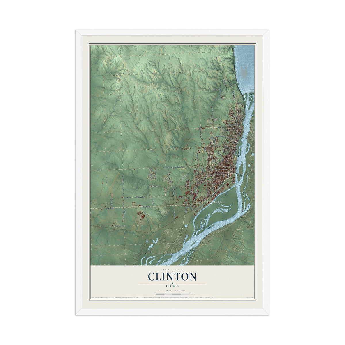 Map of Clinton, Iowa, 12 x 18 inch print in a white wood frame
