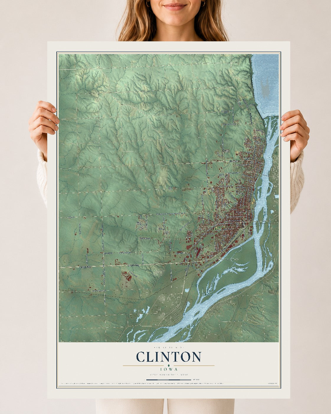 Map of Clinton, Iowa, 24 x 36 inch unframed archival matte print