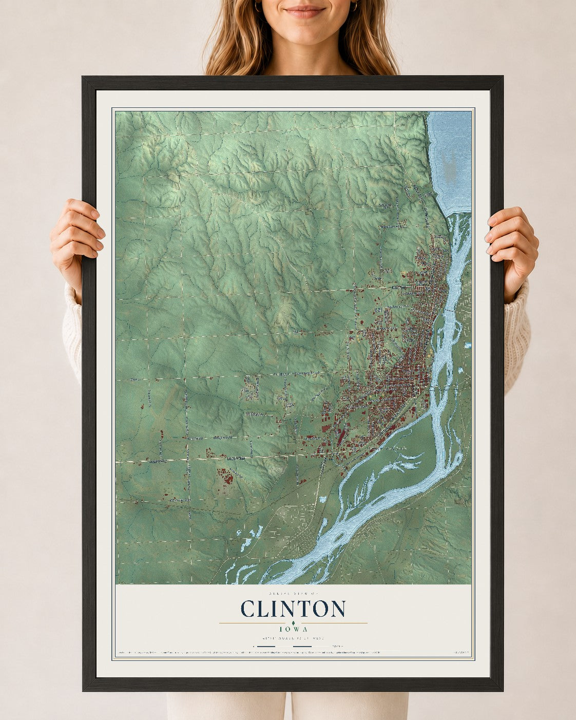 Map of Clinton, Iowa, 24 x 36 inch print in a black wood frame