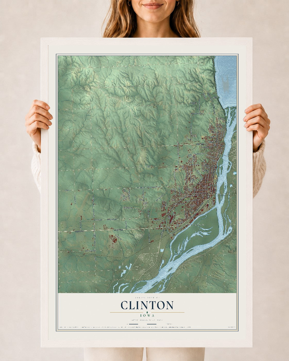 Map of Clinton, Iowa, 24 x 36 inch print in a white wood frame