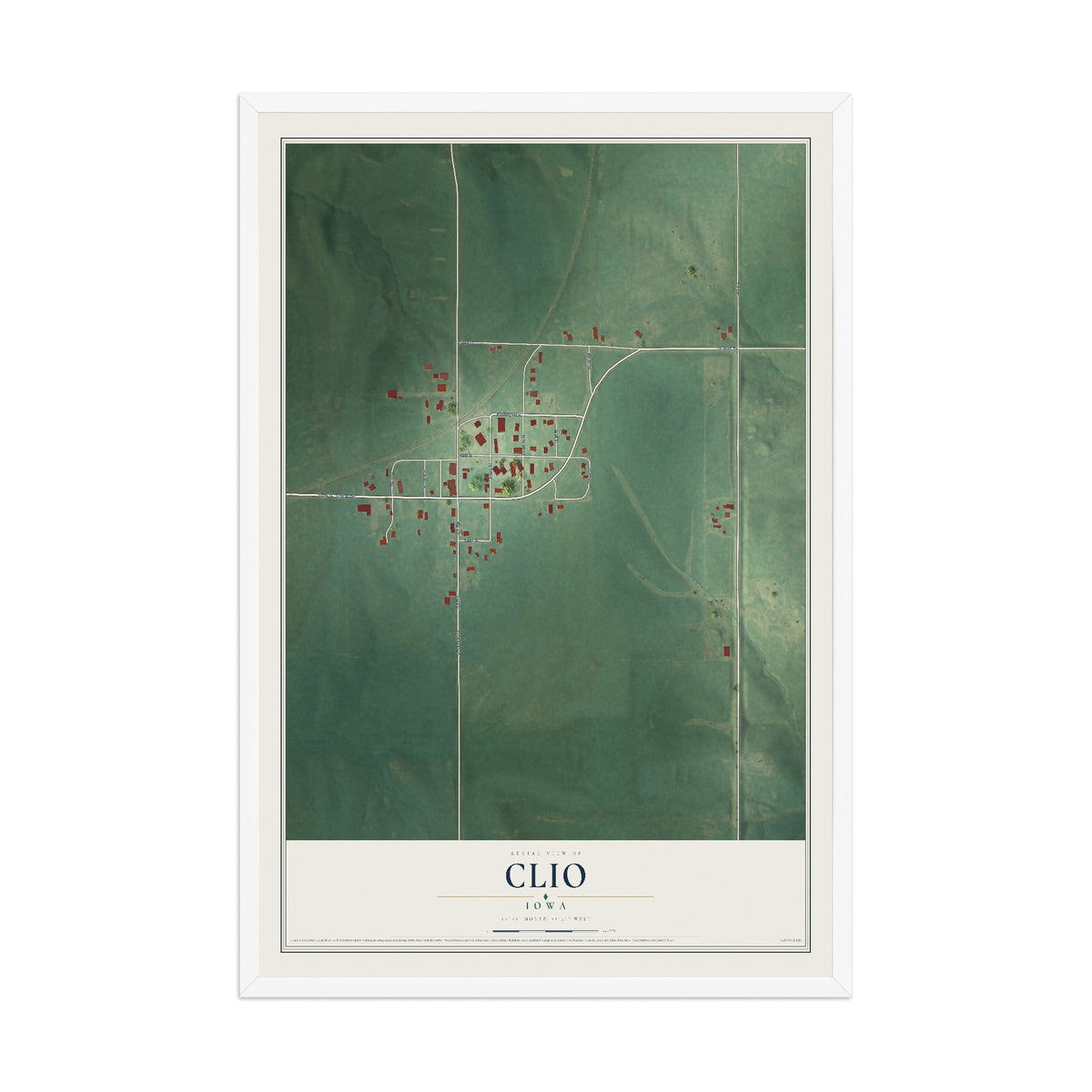 Map of Clio, Iowa, 12 x 18 inch print in a white wood frame