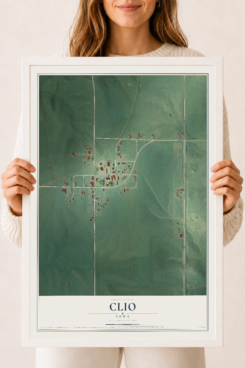 Map of Clio, Iowa, 18 x 24 inch print in a white wood frame