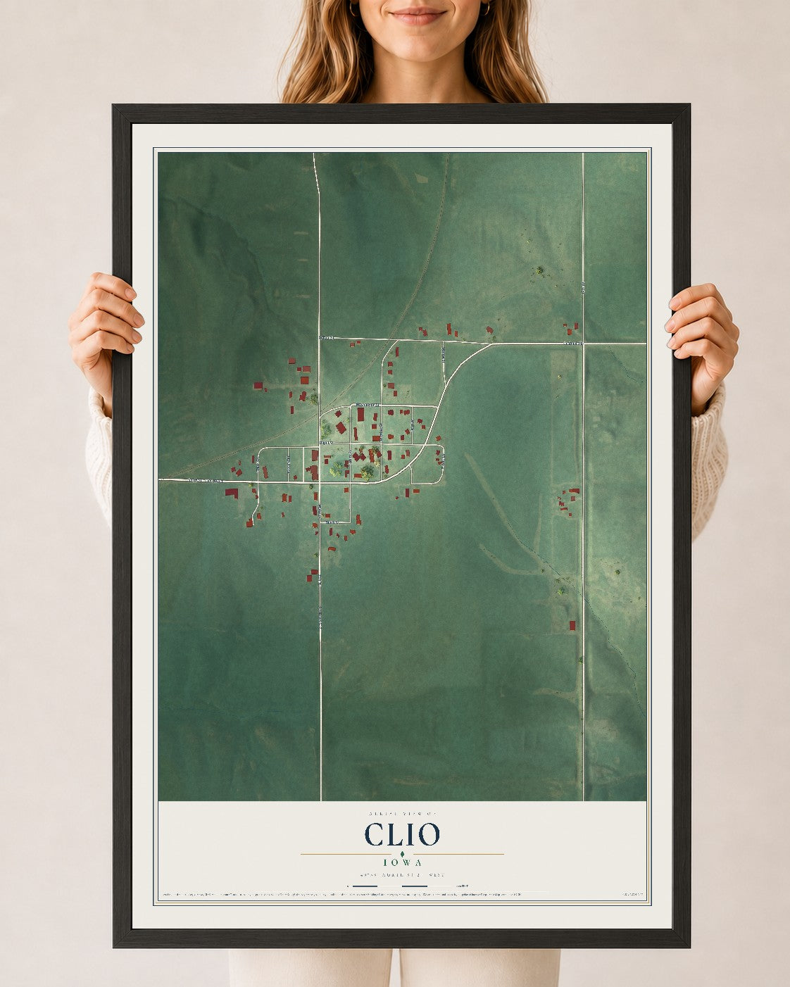 Map of Clio, Iowa, 24 x 36 inch print in a black wood frame