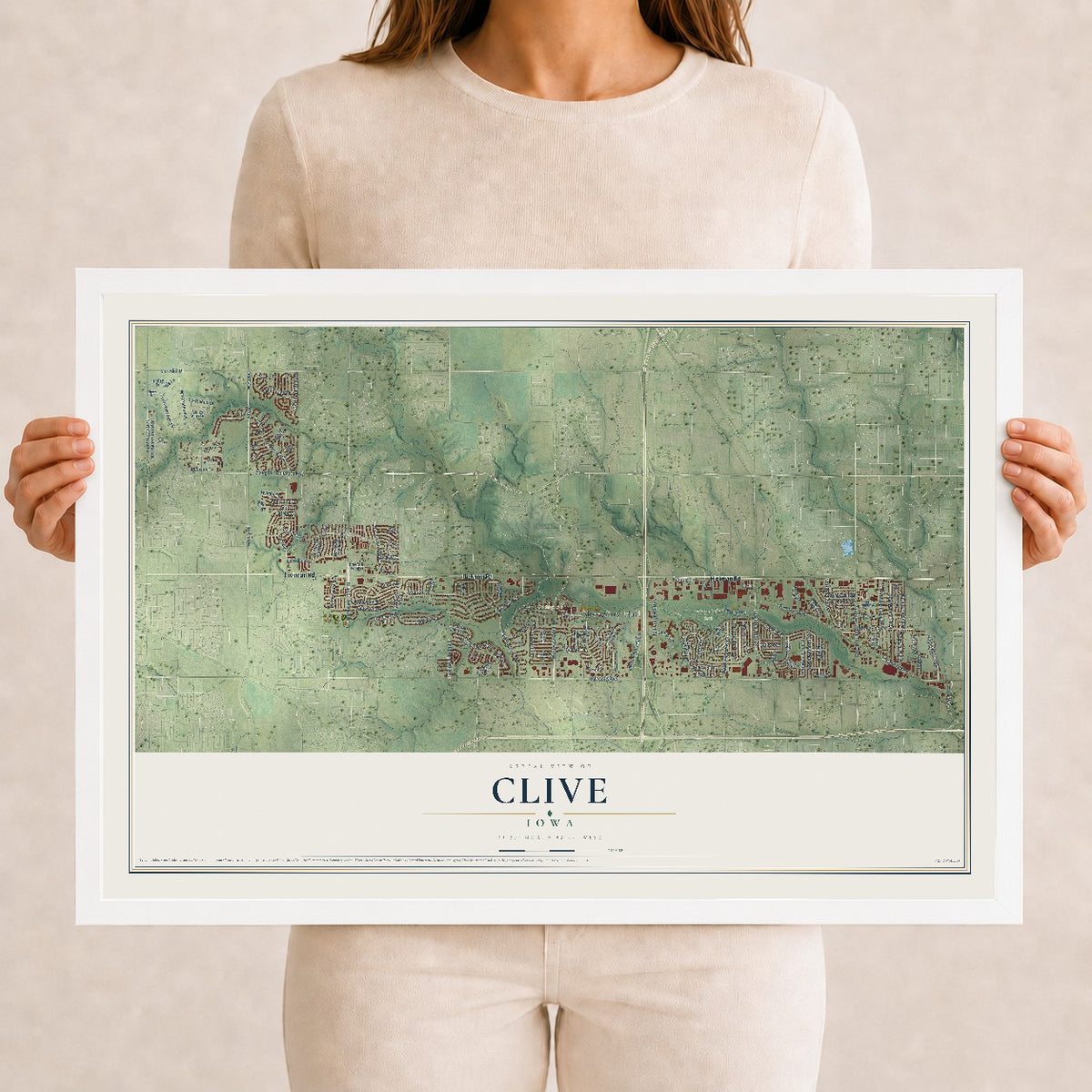 Map of Clive, Iowa, 12 x 18 inch print in a white wood frame