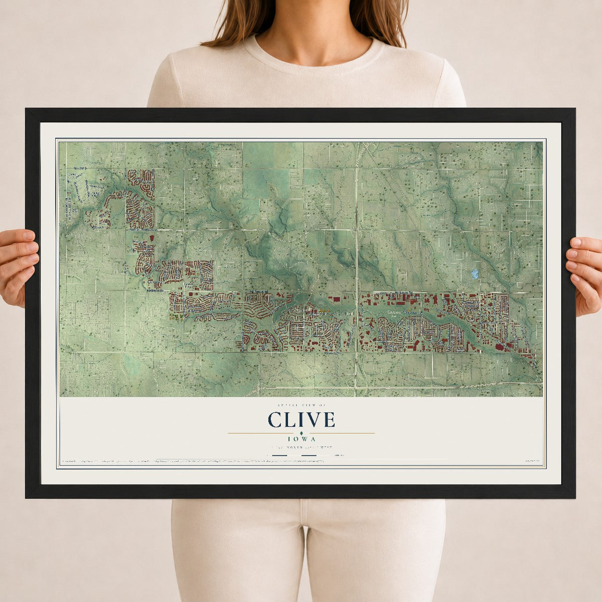 Map of Clive, Iowa, 18 x 24 inch print in a black wood frame