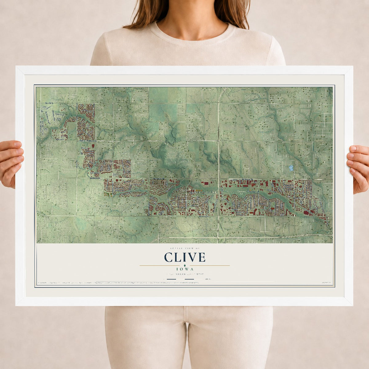 Map of Clive, Iowa, 18 x 24 inch print in a white wood frame