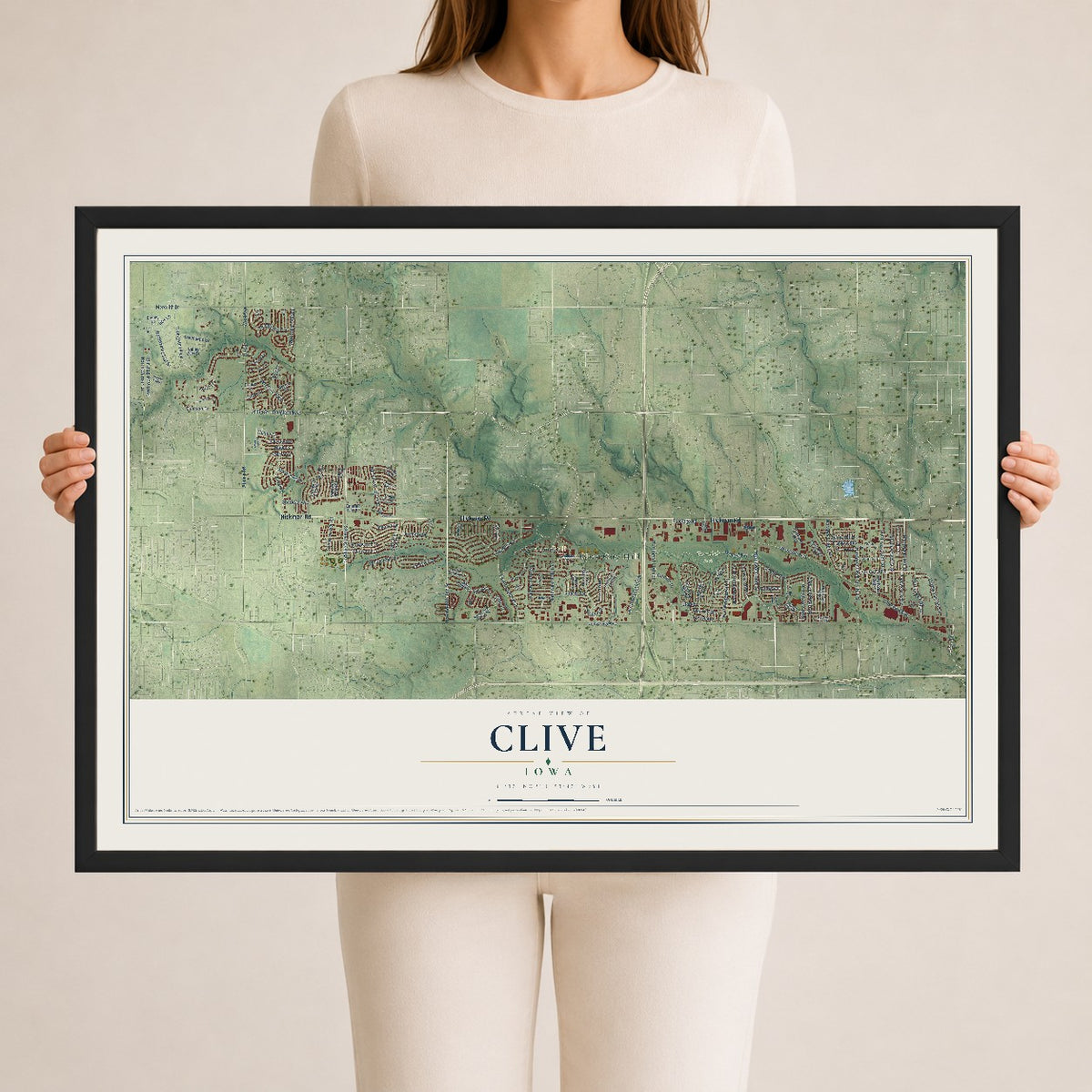 Map of Clive, Iowa, 24 x 36 inch print in a black wood frame