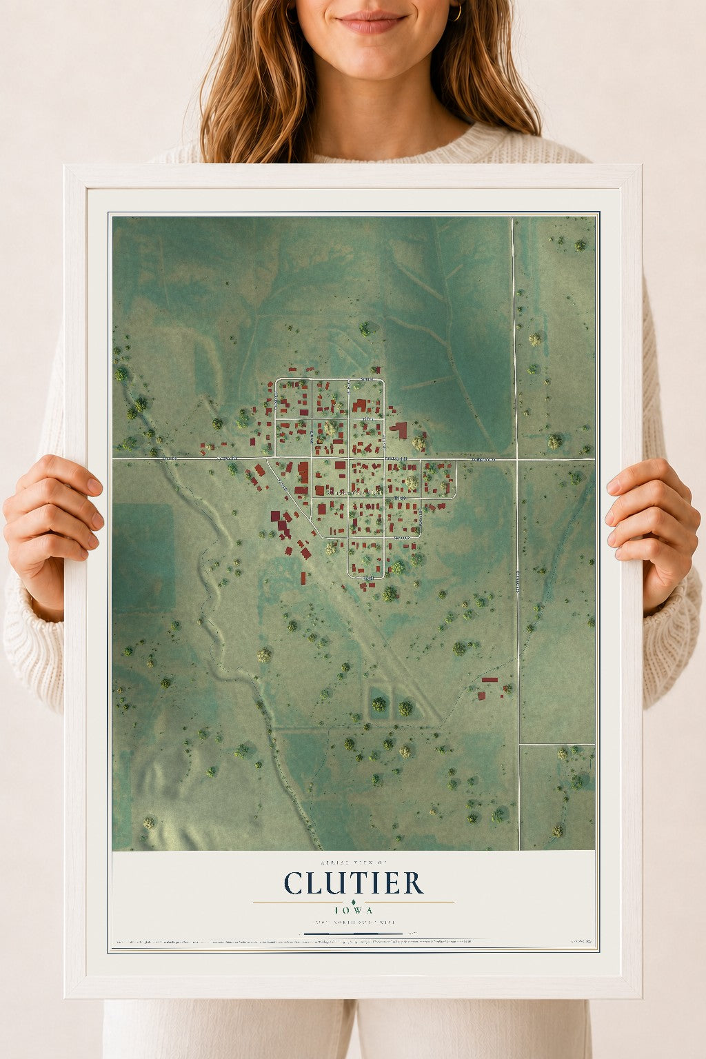 Map of Clutier, Iowa, 18 x 24 inch print in a white wood frame
