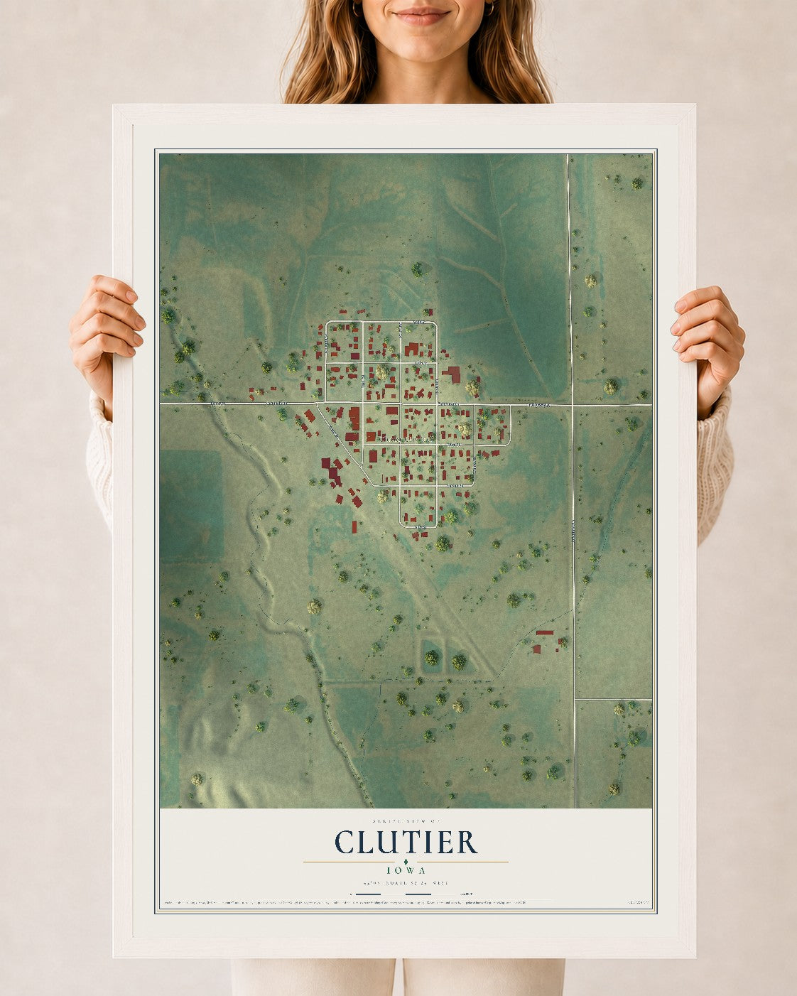Map of Clutier, Iowa, 24 x 36 inch print in a white wood frame