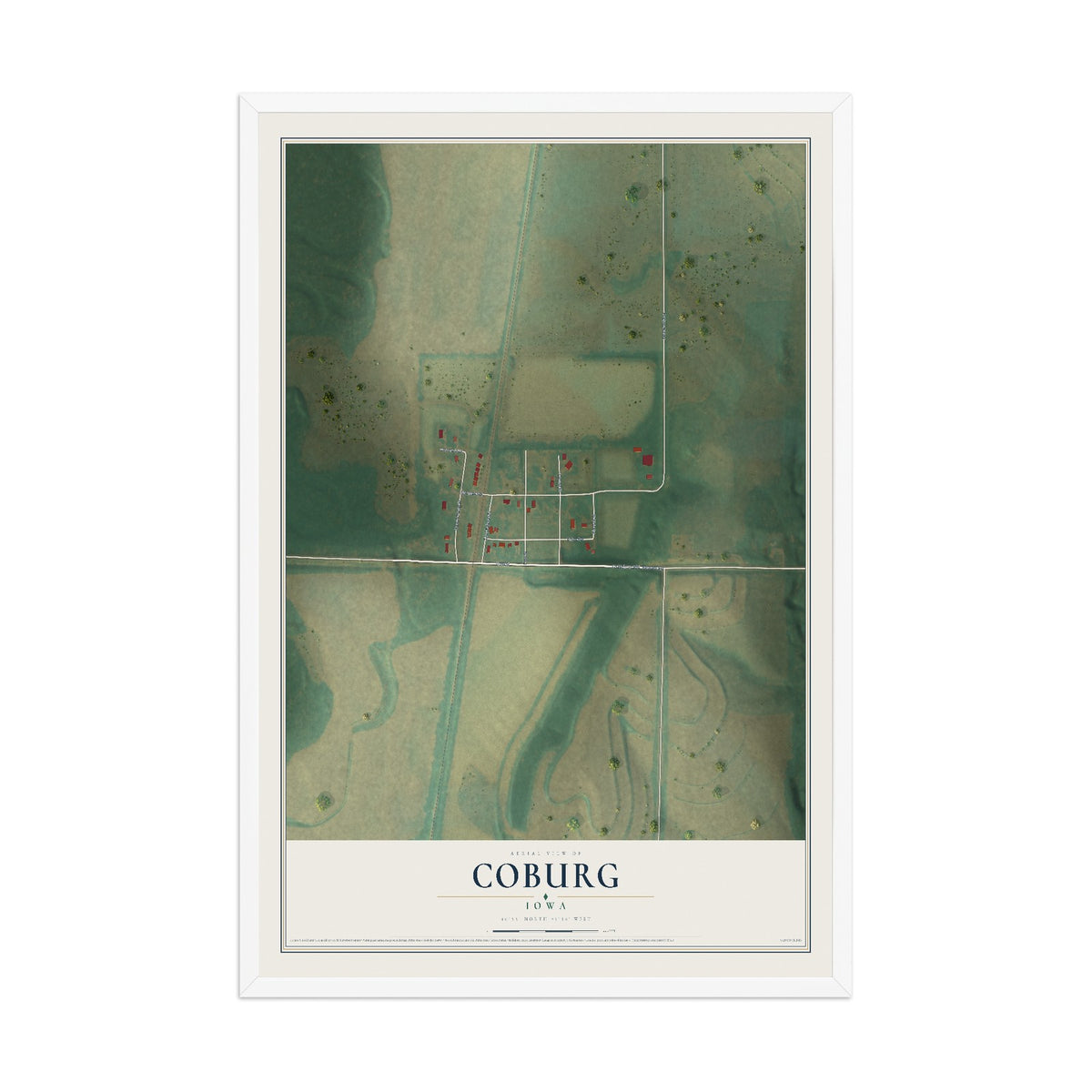 Map of Coburg, Iowa, 12 x 18 inch print in a white wood frame