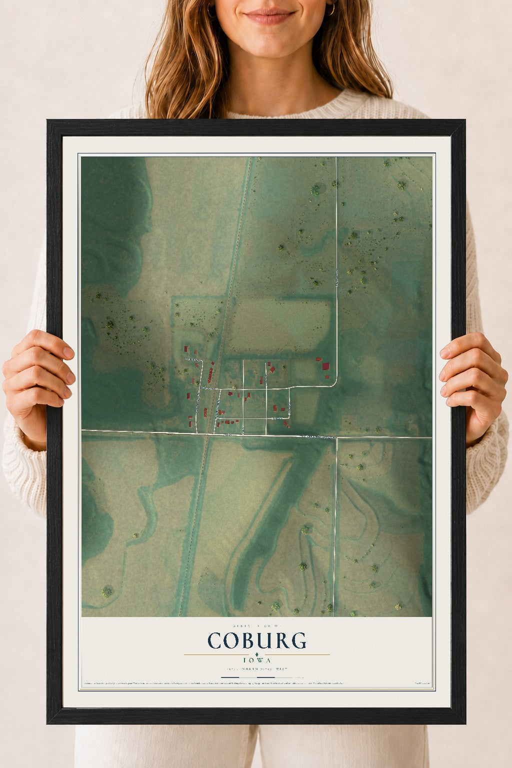 Map of Coburg, Iowa, 18 x 24 inch print in a black wood frame