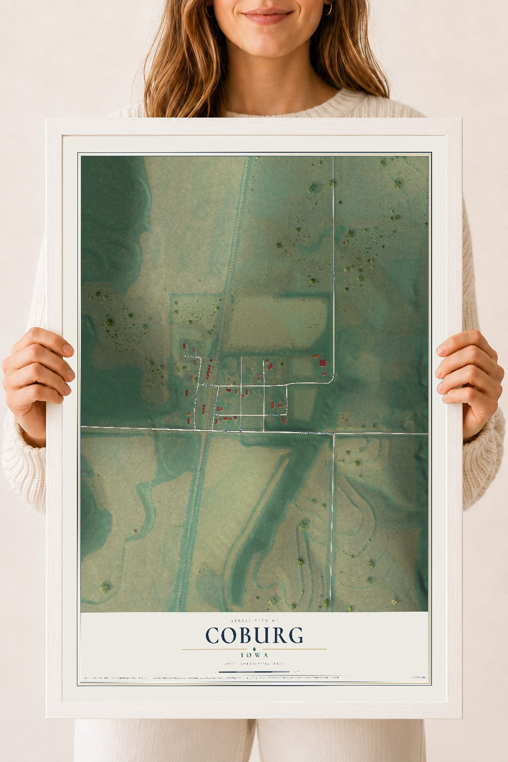 Map of Coburg, Iowa, 18 x 24 inch print in a white wood frame