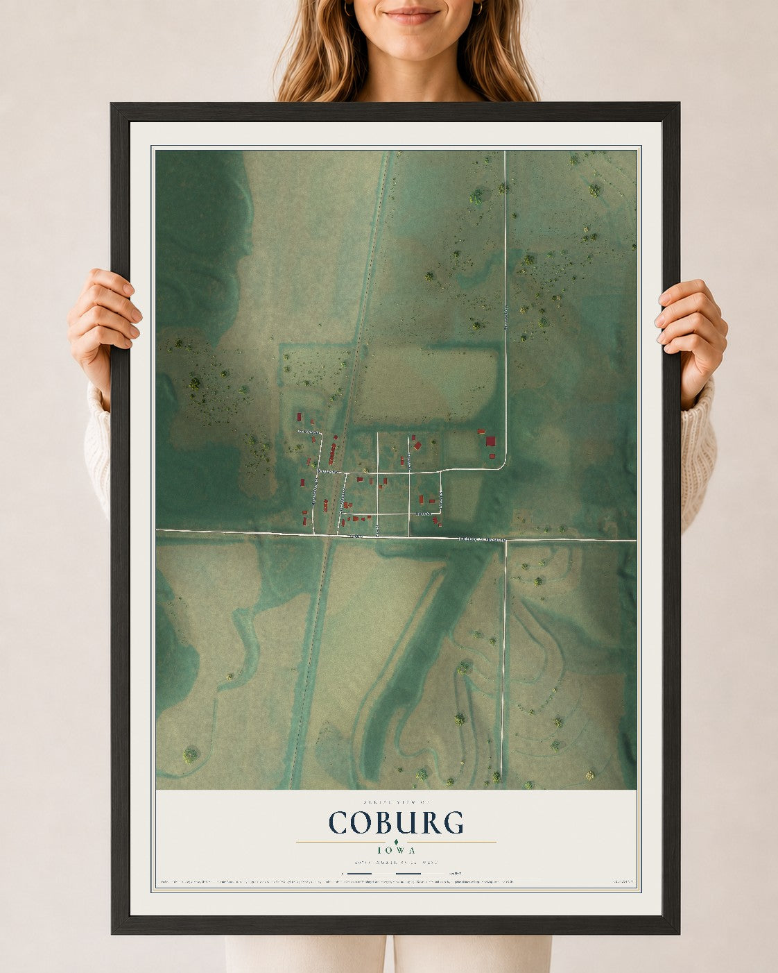 Map of Coburg, Iowa, 24 x 36 inch print in a black wood frame