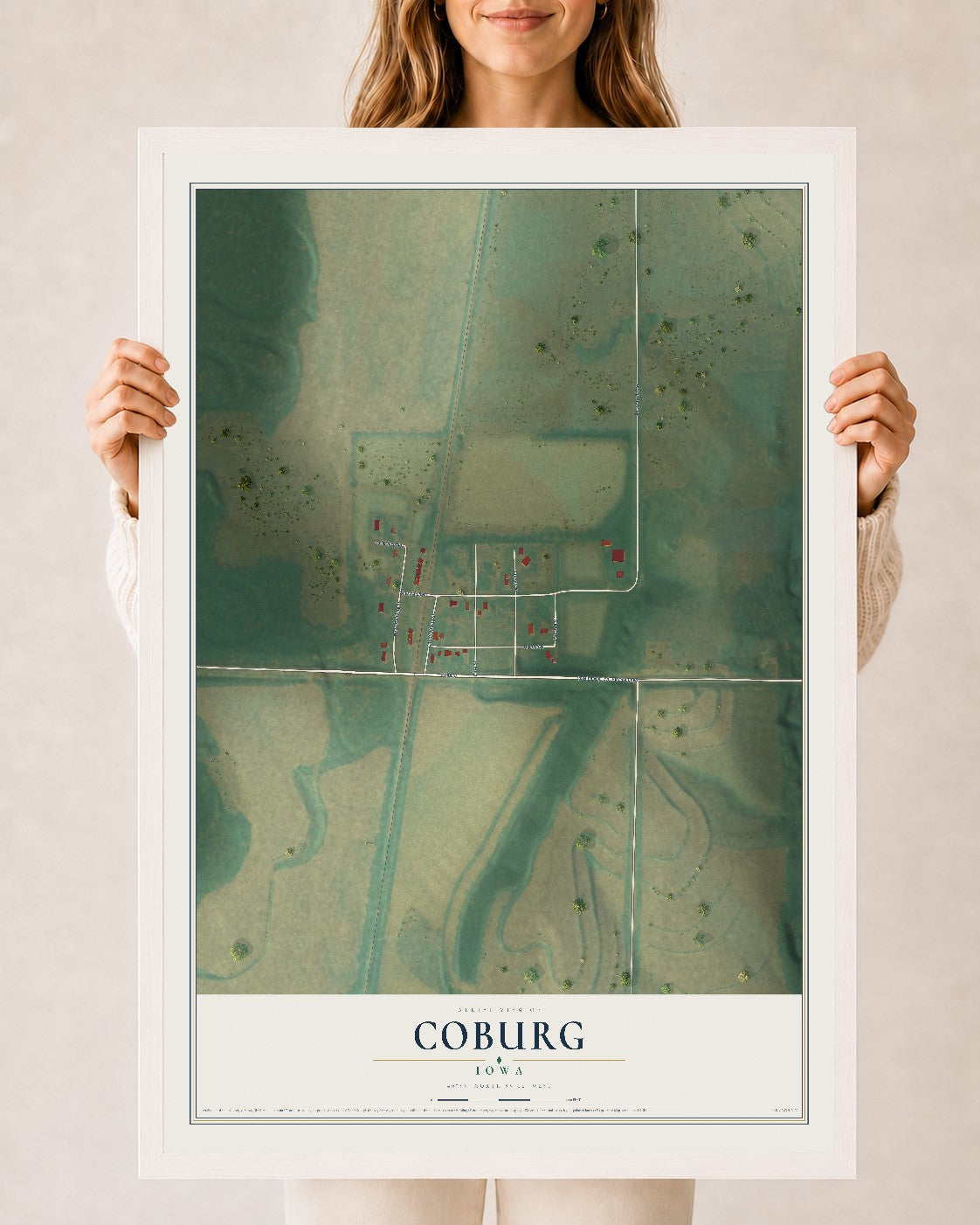Map of Coburg, Iowa, 24 x 36 inch print in a white wood frame