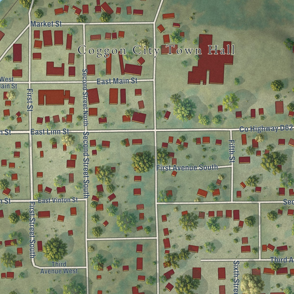 Close-up of the map of Coggon, Iowa print showing street and building detail