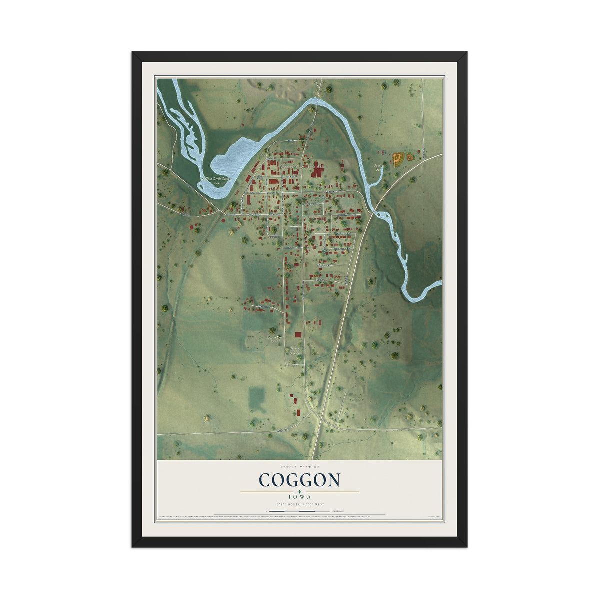 Map of Coggon, Iowa, 12 x 18 inch print in a black wood frame