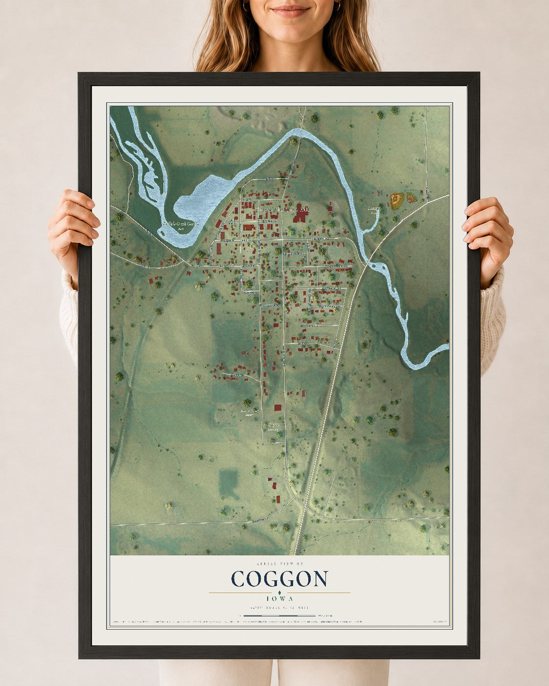 Map of Coggon, Iowa, 24 x 36 inch print in a black wood frame