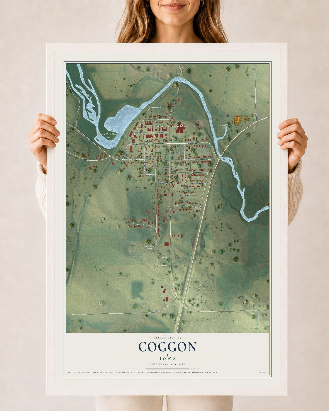 Map of Coggon, Iowa, 24 x 36 inch print in a white wood frame