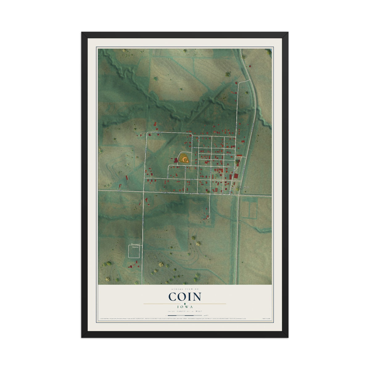 Map of Coin, Iowa, 12 x 18 inch print in a black wood frame