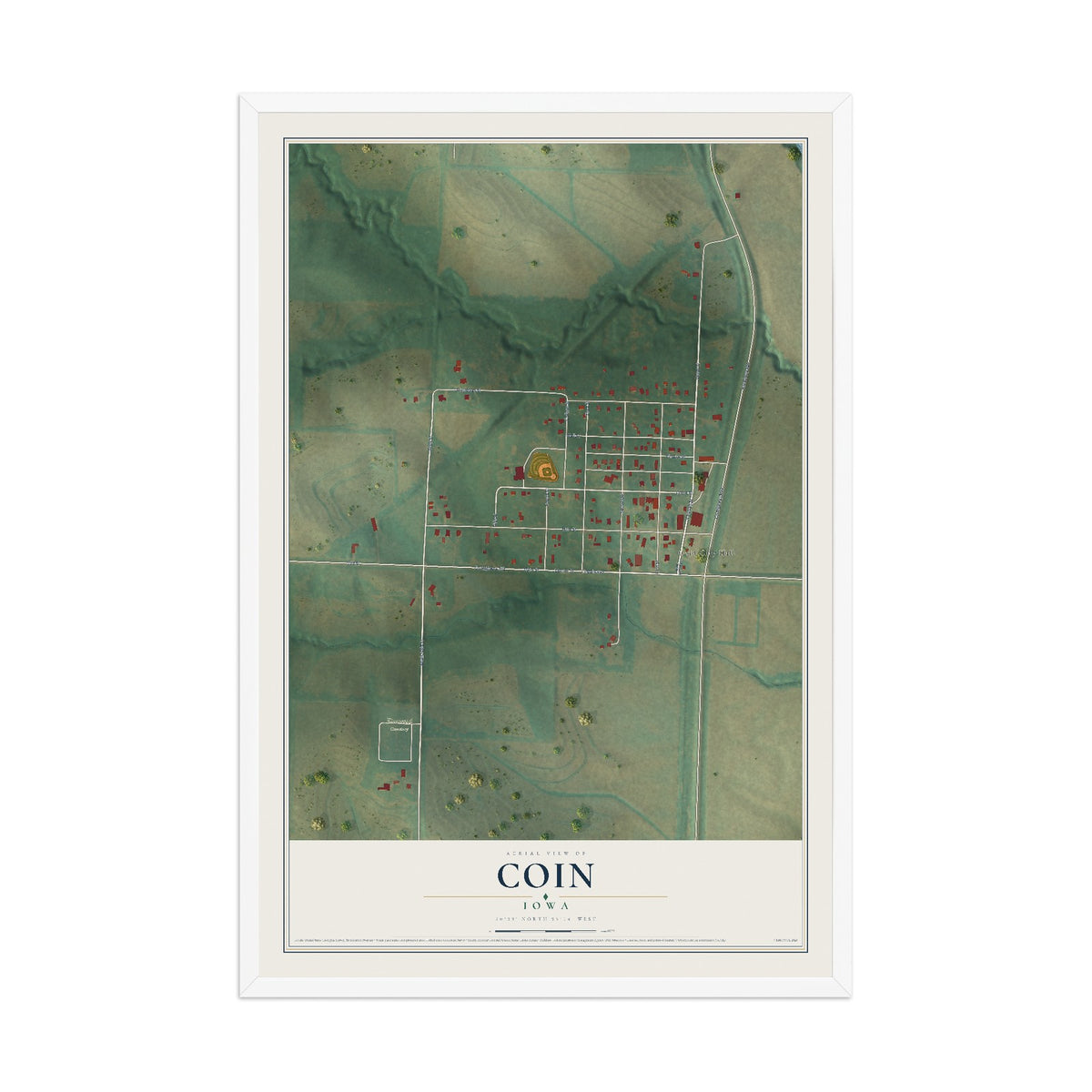Map of Coin, Iowa, 12 x 18 inch print in a white wood frame