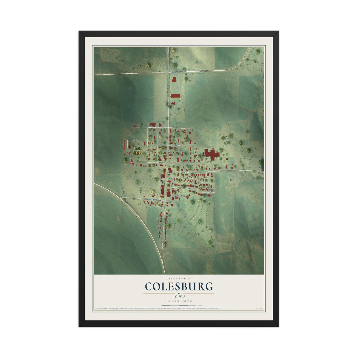 Map of Colesburg, Iowa, 12 x 18 inch print in a black wood frame