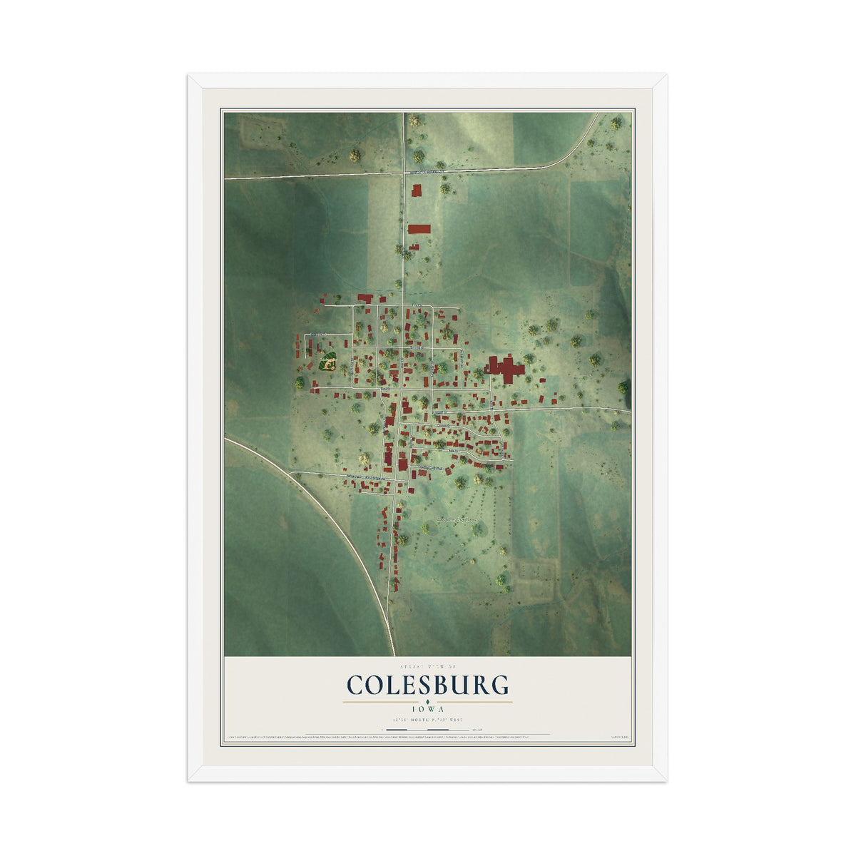Map of Colesburg, Iowa, 12 x 18 inch print in a white wood frame