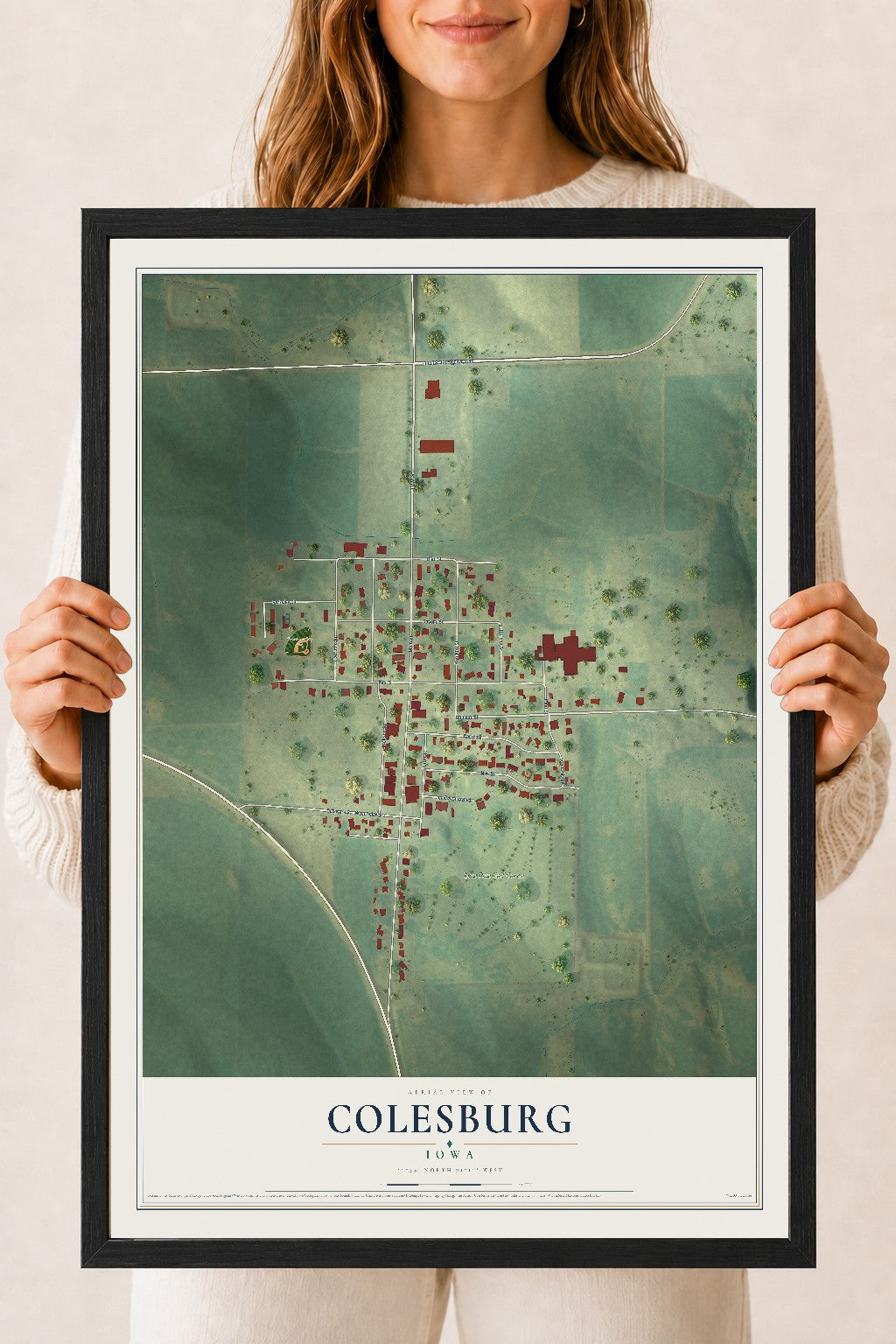 Map of Colesburg, Iowa, 18 x 24 inch print in a black wood frame