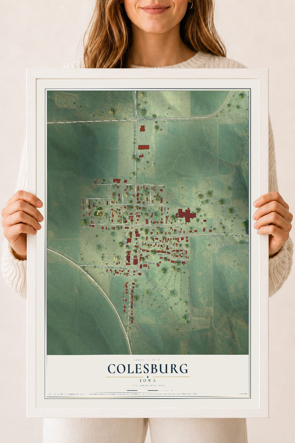 Map of Colesburg, Iowa, 18 x 24 inch print in a white wood frame