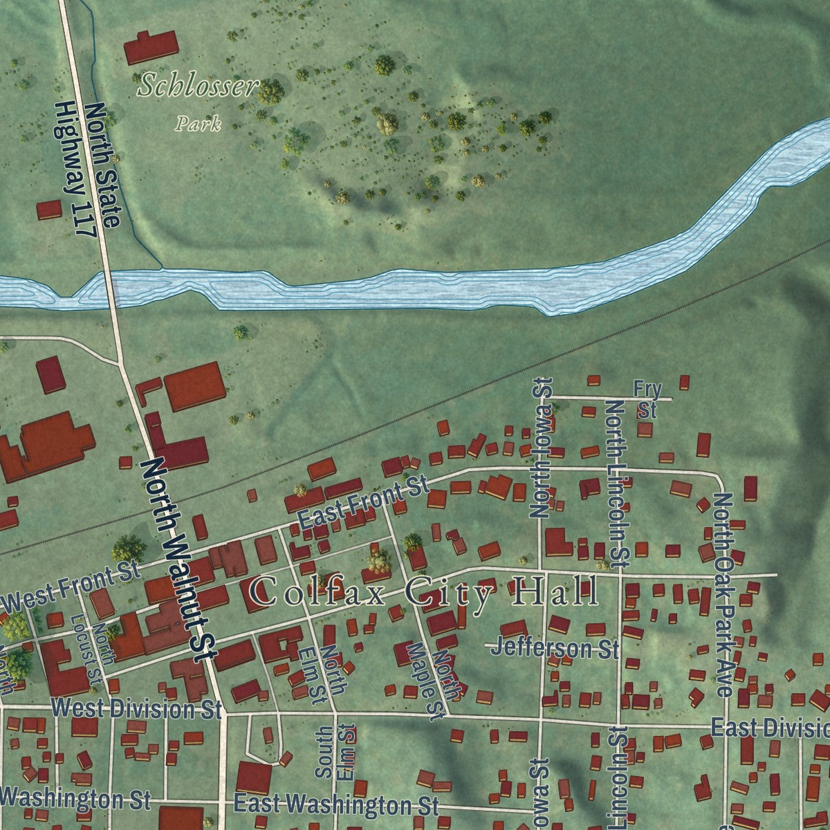 Second close-up of the map of Colfax, Iowa print showing more streets and buildings