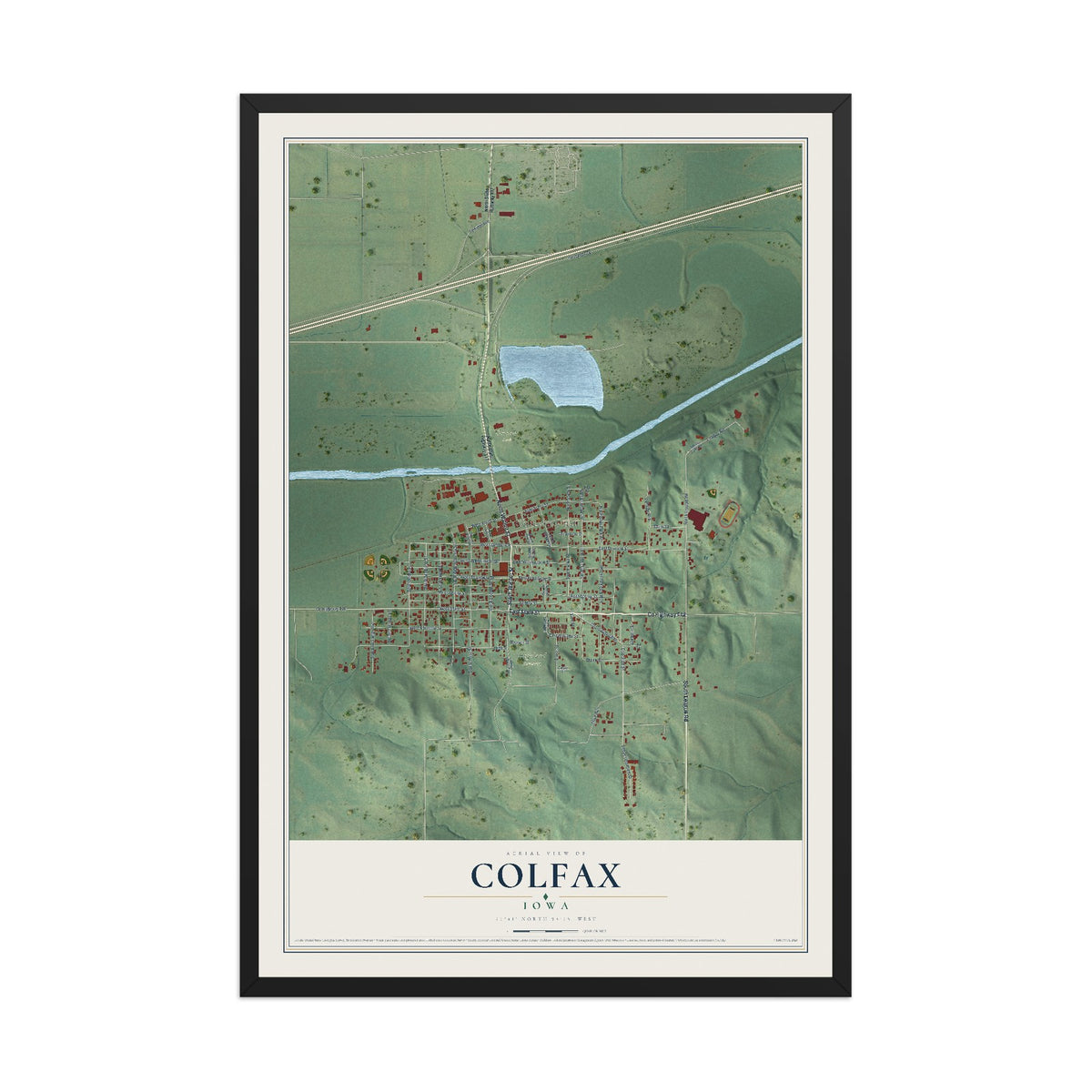 Map of Colfax, Iowa, 12 x 18 inch print in a black wood frame