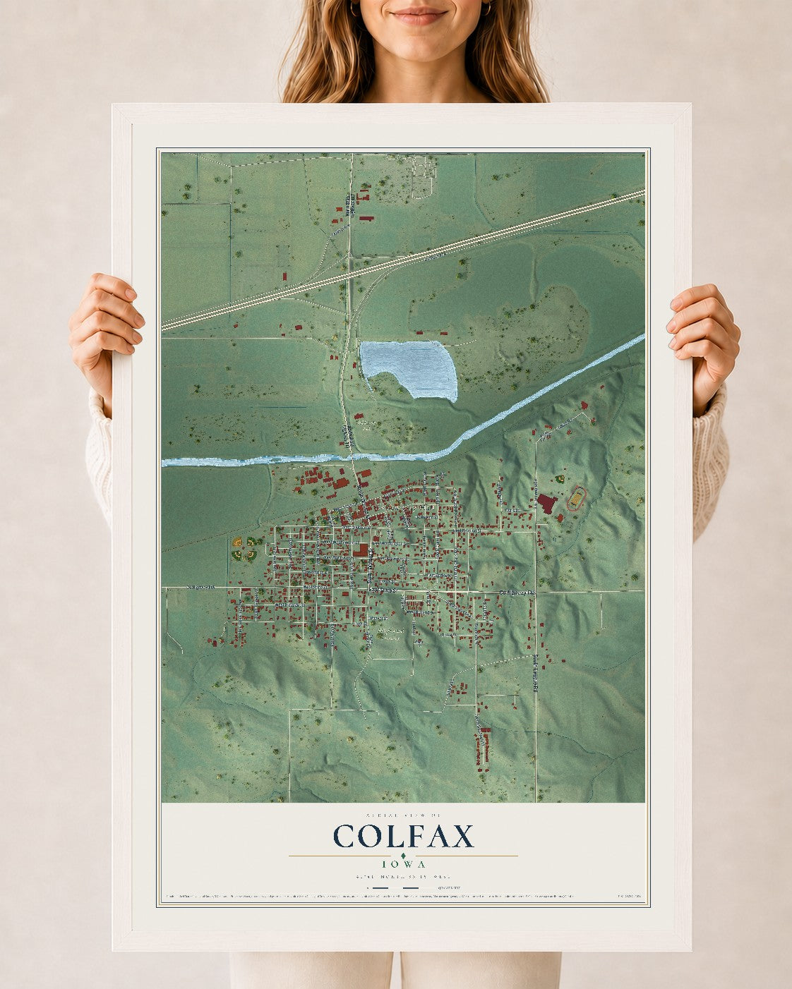 Map of Colfax, Iowa, 24 x 36 inch print in a white wood frame