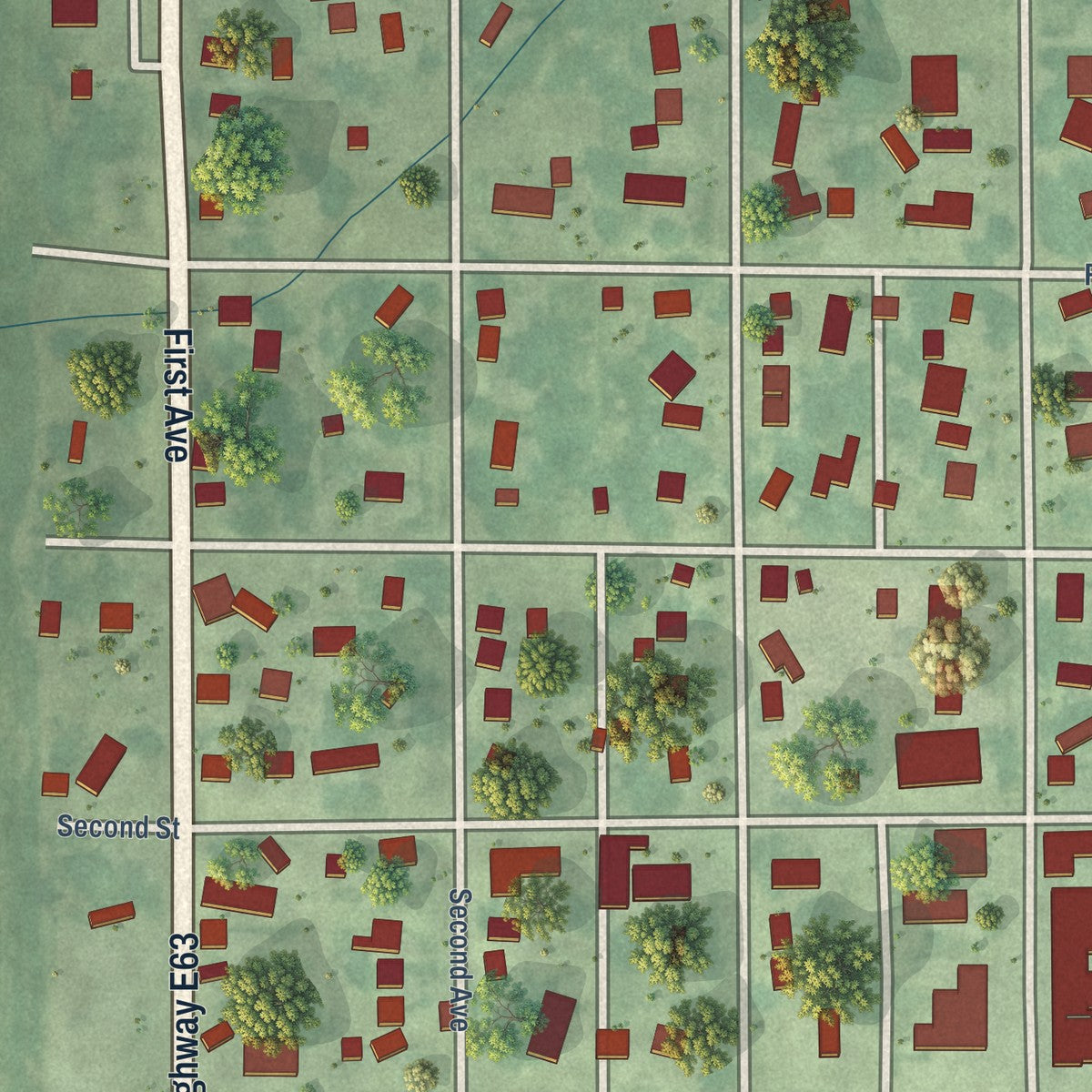 Close-up of the map of Collins, Iowa print showing street and building detail