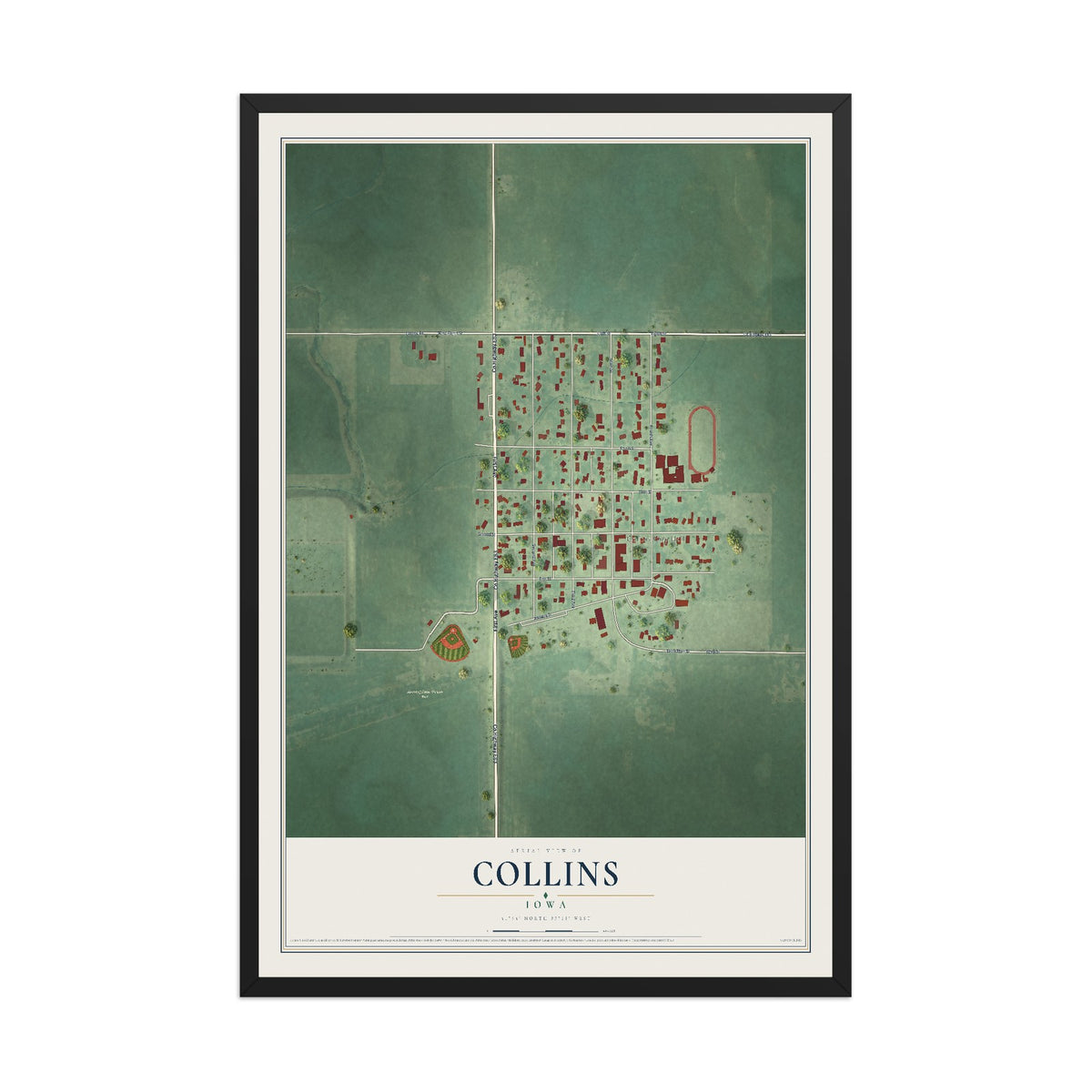 Map of Collins, Iowa, 12 x 18 inch print in a black wood frame