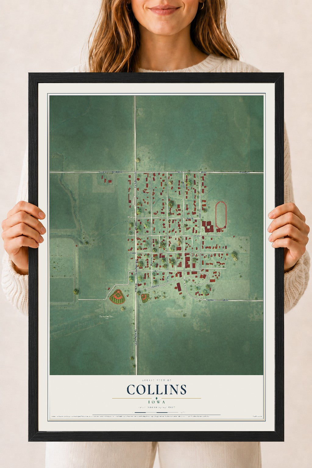 Map of Collins, Iowa, 18 x 24 inch print in a black wood frame