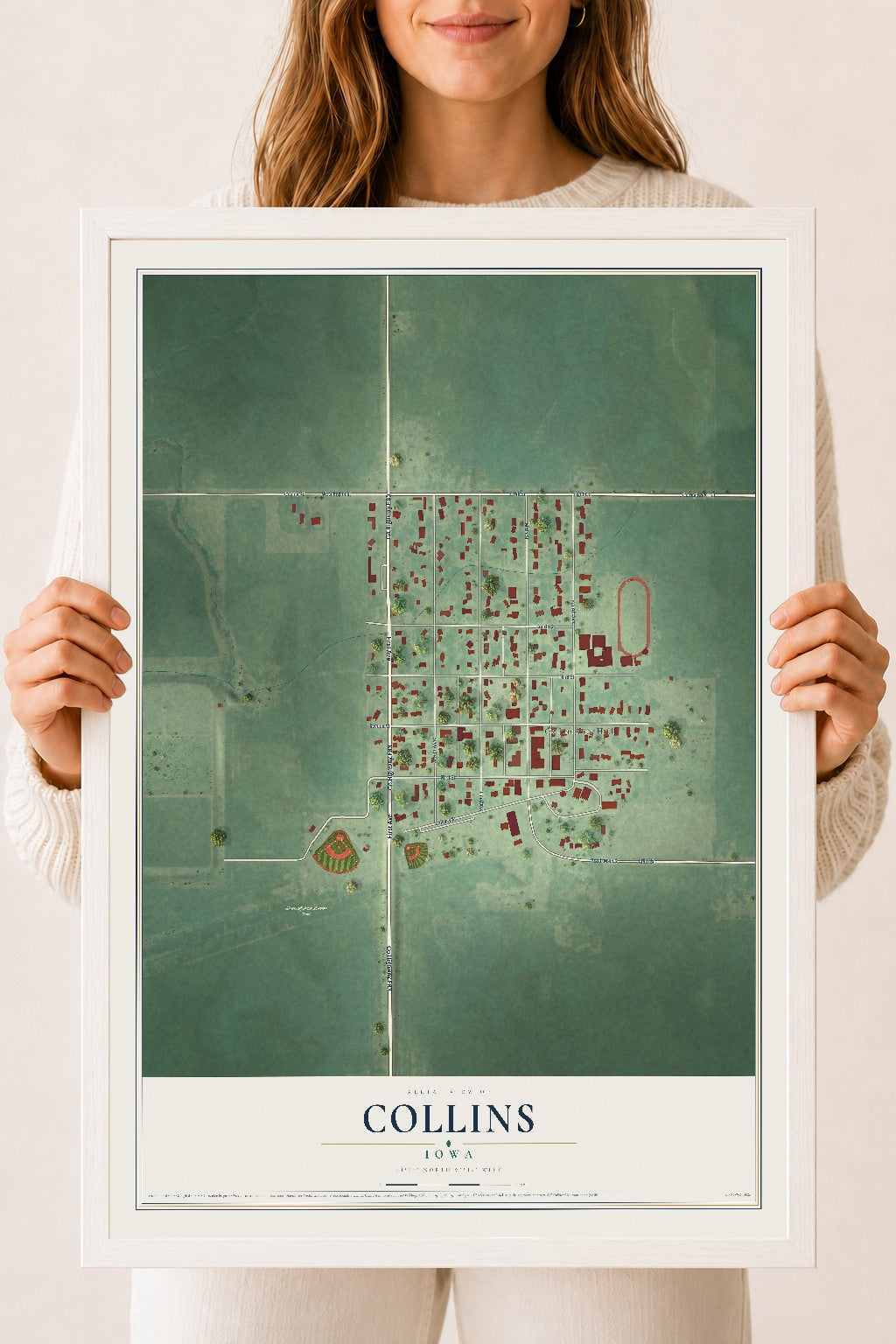 Map of Collins, Iowa, 18 x 24 inch print in a white wood frame