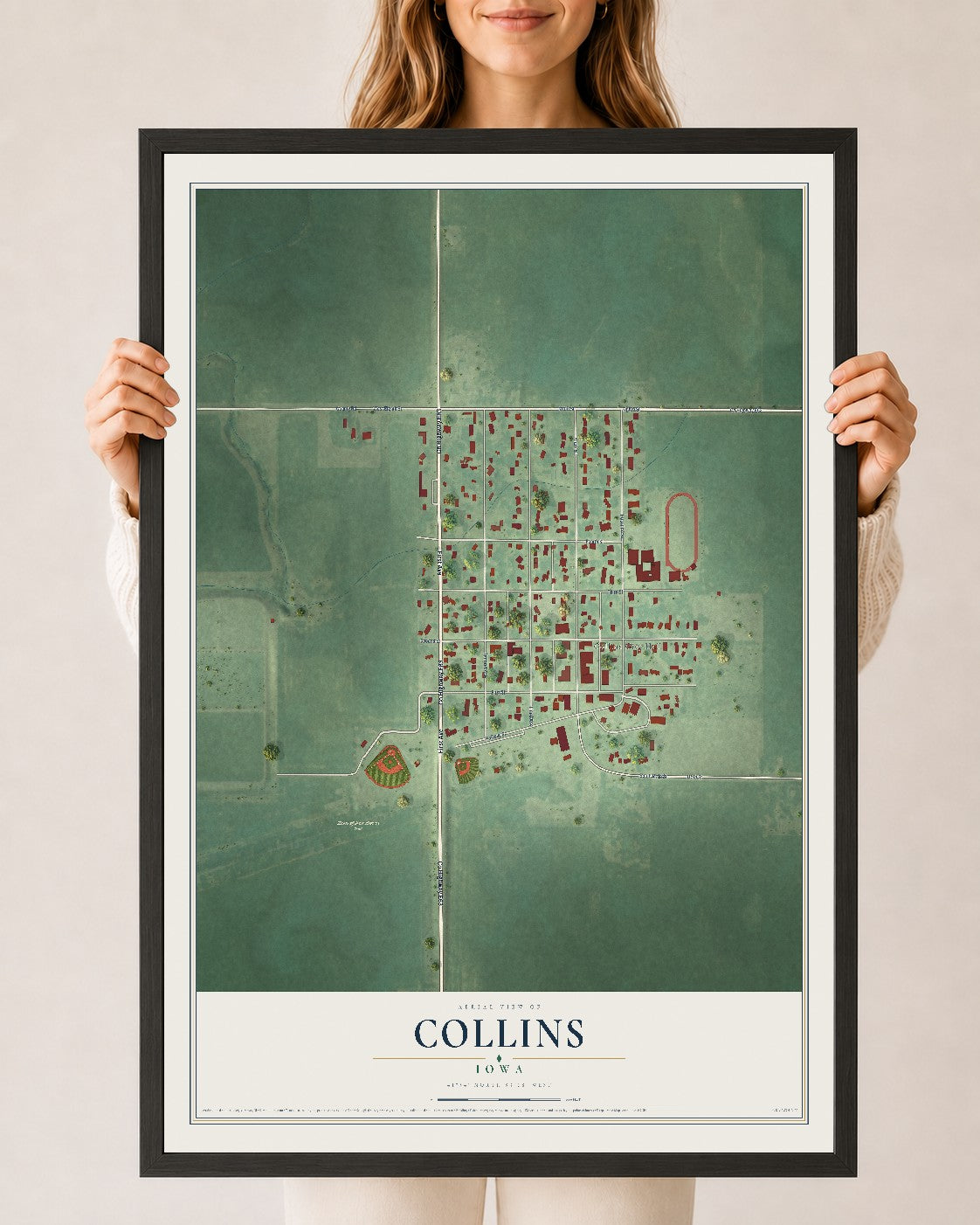 Map of Collins, Iowa, 24 x 36 inch print in a black wood frame
